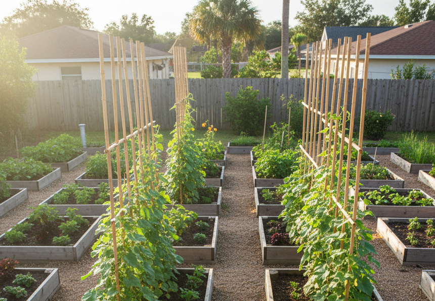 An overhead view of a carefully organized backyard urban farm, featuring a geometric pattern of planter boxes, trellises supporting climbing cucumbers, and repurposed containers filled with peppers and basil. A small chalkboard-style sign reading “Local Harvest” rests beside neatly stacked empty produce crates. Warm early morning sunlight comes from the top of the frame, creating long, soft shadows that emphasize the layout. The scene is photographed in clean, high-resolution detail with a crisp, professional aesthetic and rich natural colors, conveying a sense of order, planning, and productivity in a compact Tampa Bay neighborhood setting.