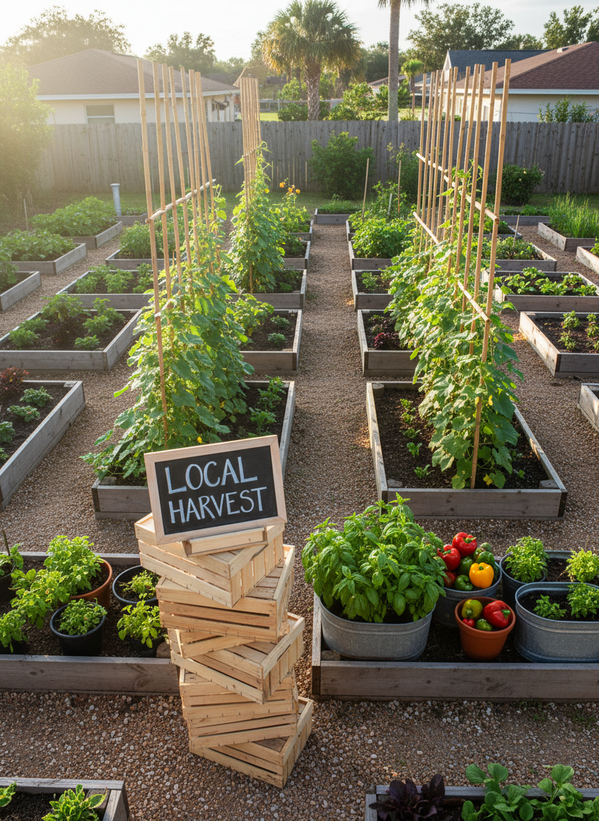 An overhead view of a carefully organized backyard urban farm, featuring a geometric pattern of planter boxes, trellises supporting climbing cucumbers, and repurposed containers filled with peppers and basil. A small chalkboard-style sign reading “Local Harvest” rests beside neatly stacked empty produce crates. Warm early morning sunlight comes from the top of the frame, creating long, soft shadows that emphasize the layout. The scene is photographed in clean, high-resolution detail with a crisp, professional aesthetic and rich natural colors, conveying a sense of order, planning, and productivity in a compact Tampa Bay neighborhood setting.