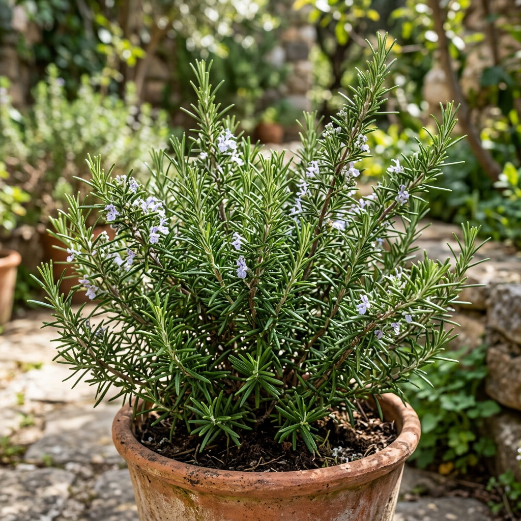 Rosemary plant with needle-like leaves and small purple flowers in a terracotta pot