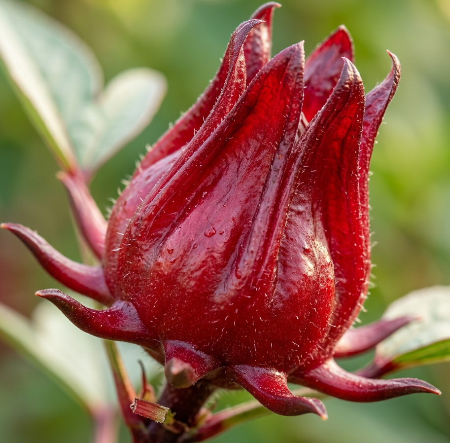 Roselle plant with cream flowers and red calyces in a wooden raised garden bed