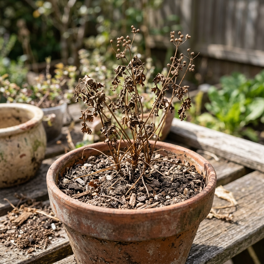 Dried plant with brown leaves in a terracotta pot on an outdoor wooden table